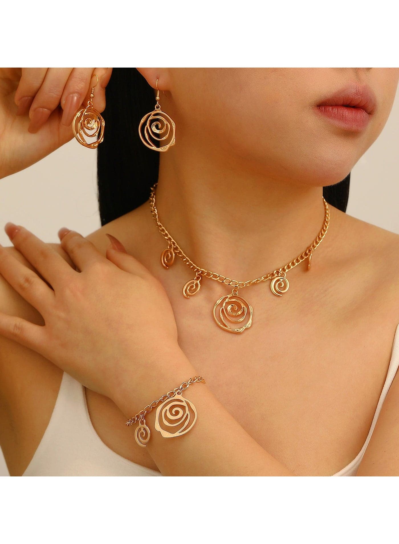 Gold Spiral Pendant Jewelry Set for Women – Luxe 3-Piece Necklace Earrings Gift Set, Elegant Party Accessories