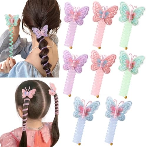 RAINBOW WSK 8 Pcs Butterfly Telephone Wire Hair Bands for Kids Girls Colorful Butterfly Spiral Hair Ties Phone Cord for Kids Butterfly Braided Ponytail Hair Bands Faquan8 8 PCS Butterfly