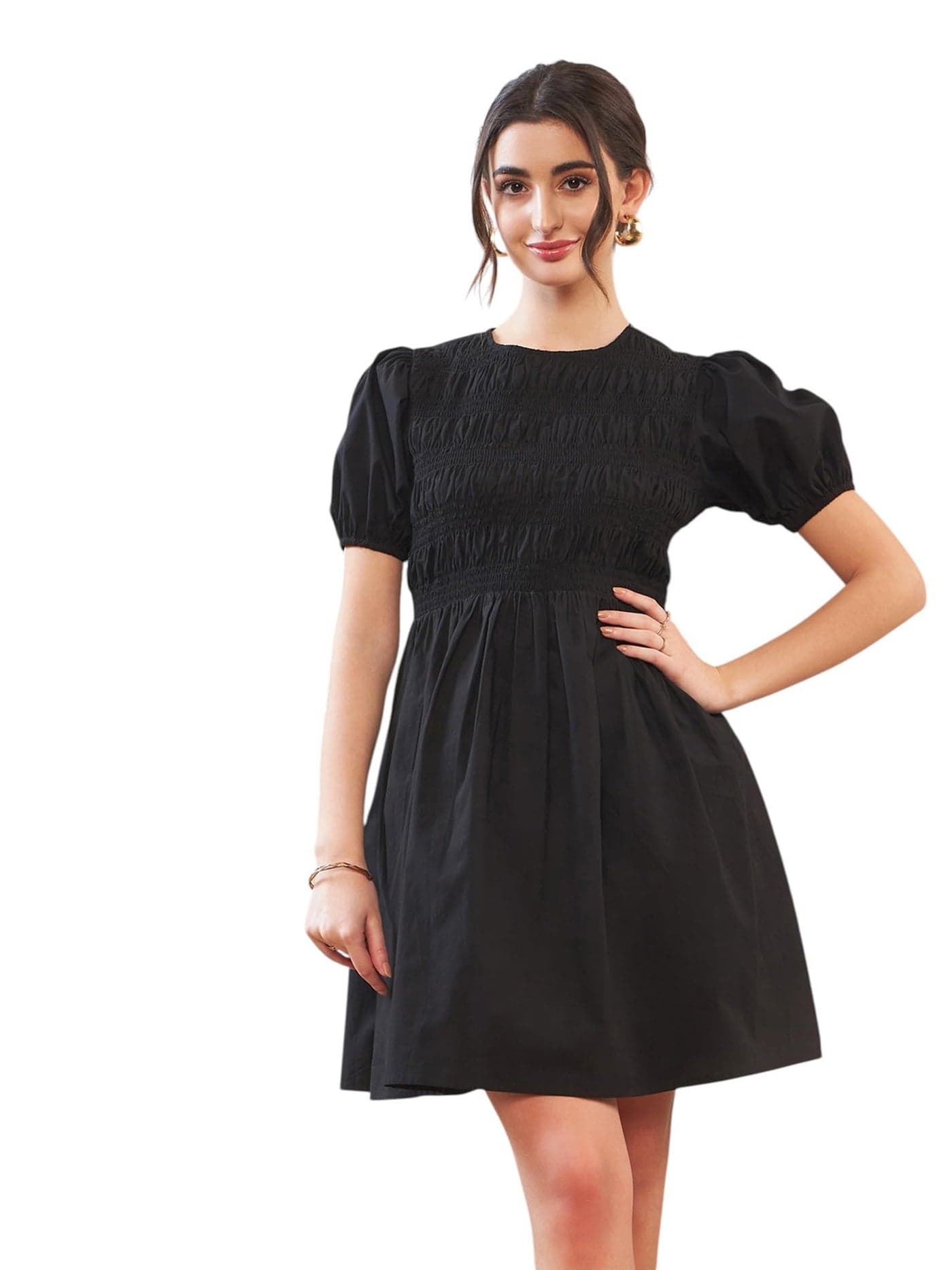 Black Poplin Smocked Gathered Dress