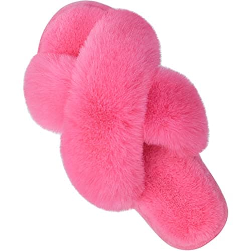 Parlovable Women's Fuzzy Slippers Comfy Cross Band House Shoes Memory Foam Open Toe Indoor Gifts for Ladies Hot Pink 9-10