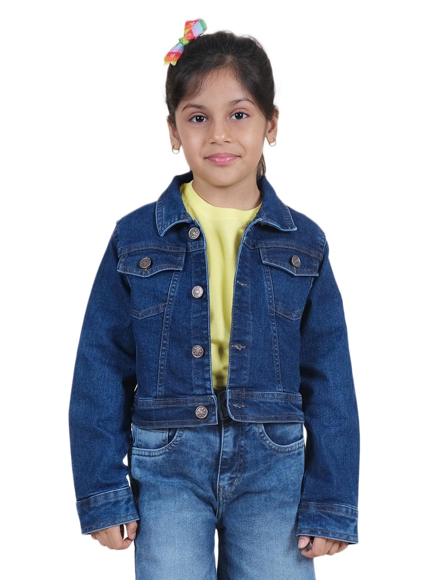 Girls Full Sleeve Solid Crop Denim Jacket, Dk Rag Wash - 8-10Y
