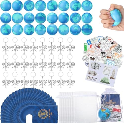 Maitys 144 Pcs Travel Party Earth Stress Balls Airplane Keychain Passport Book with Assorted Travel Stickers for Scrapbooks Organza Bags for Adults Adventure Theme Party Supplies