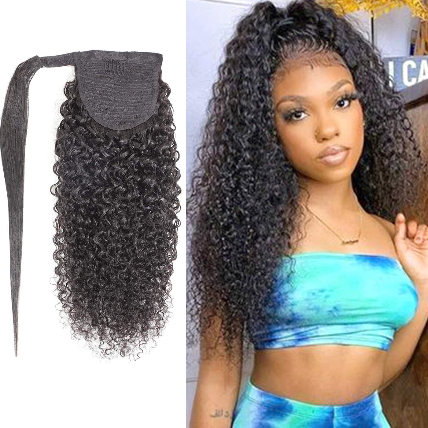 Feelgrace Wrap Around Kinky Curly Ponytail Hairpiece Natural Black Brazilian Hair Ponytail Extension Long Ponytail Extensions for Black Women 10A Afro Curly Ponytail Extension 12 Inch