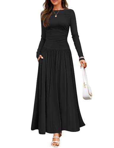 ZESICA Women's Long Sleeve Fall Maxi Dress 2025 Crewneck Knit Casual Slim Swing Pleated Dresses with Pockets,Black,X-Large