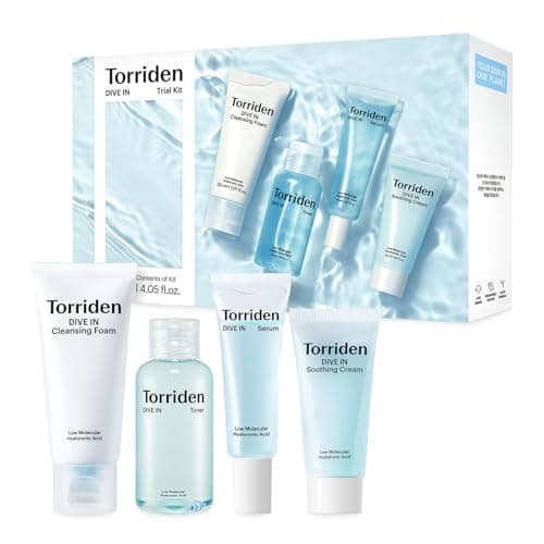 Torriden DIVE IN Trial Kit Hyaluronic Acid Infused Daily Skincare Kit 4 Step Regimen with Foam Cleanser Facial Toner Serum and Cream Korean Skin Care Travel Kit Travel Essential
