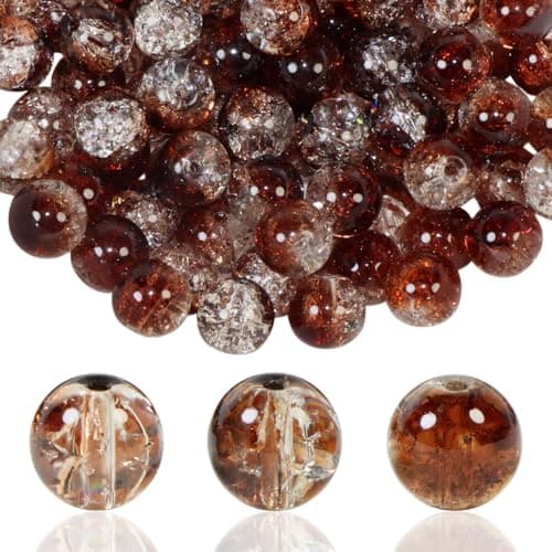 100Pcs 10mm Crackle Glass Beads for Jewelry Making Round Spacer Crystal Beads Bulk DIY Craft Supplies for Necklace Bracelet Earrings Brown Transparent