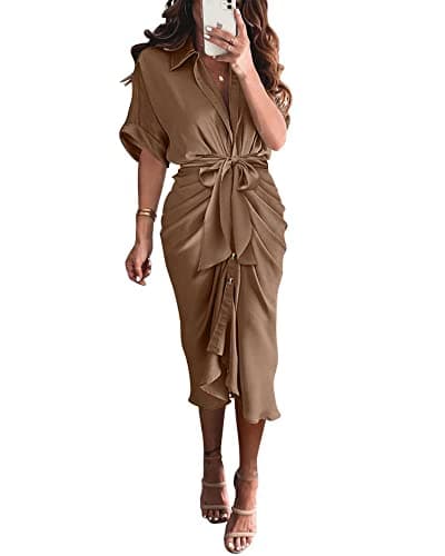 BTFBM Women Button Down Ruched Shirt Dresses Satin Short Sleeve Lapel V Neck Summer Maxi Dress 2025 Party Wedding Guest(Dark Khaki, Large)