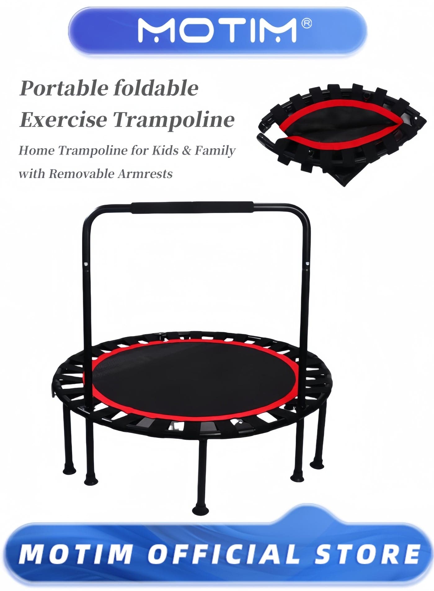 40" Folding Fitness Trampoline Rebound Recreational Exercise Trampoline with Removable Handlebar Portable Home Jump Trampoline for Kids and Family Indoor/Outdoor Exercise