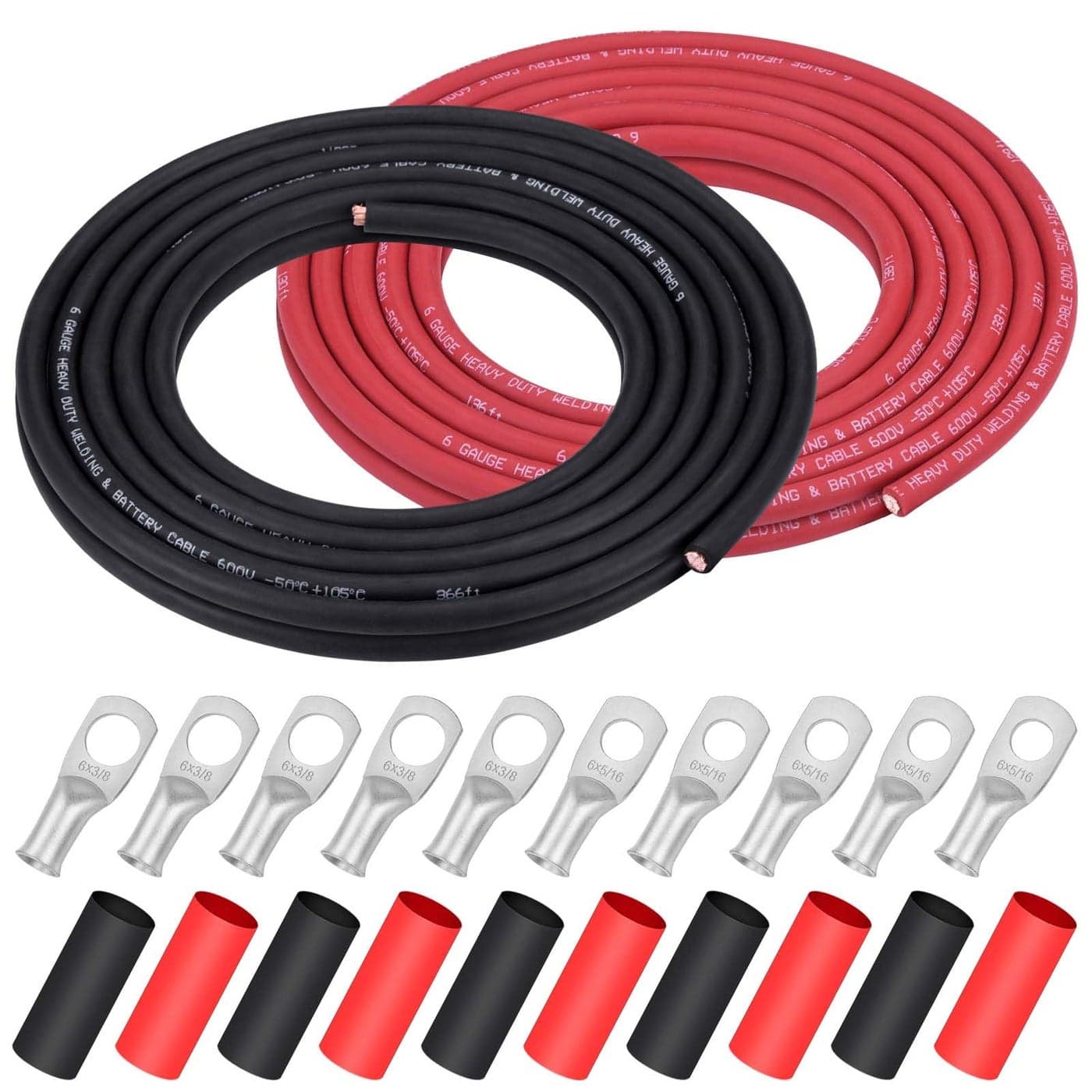 iGreely 6 Gauge 6 AWG Wire 20 Feet Black 20 Feet Red Welding Battery Pure Copper Ultra Flexible Cable 5pcs of 516 5pcs 38 Copper Cable Lug Terminal ConnectorsHeat Shrink Tubing