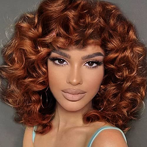 AIDUSA Big Curly Wigs for Black Women Synthetic Loose Curly Wigs with Bangs 14 Inch Auburn Brown Short Wigs Synthetic Hair Natural Wigs for Women Copper Auburn