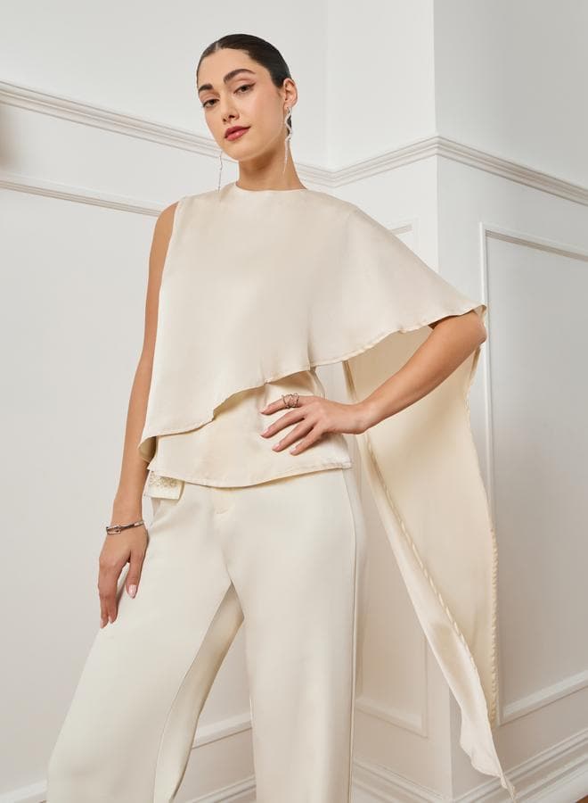 Women Off-White Asymmetric Scarf Detail Satin Top