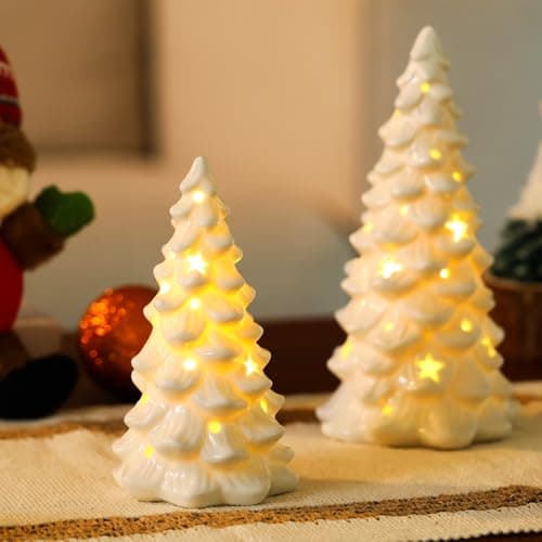 HOMCDALY 2 PCS White Small Christmas Tree with Lights Mini Christmas Tree for Christmas Dcor Tabletop Xmas Tree Figurines Christmas DecorationsCeramic