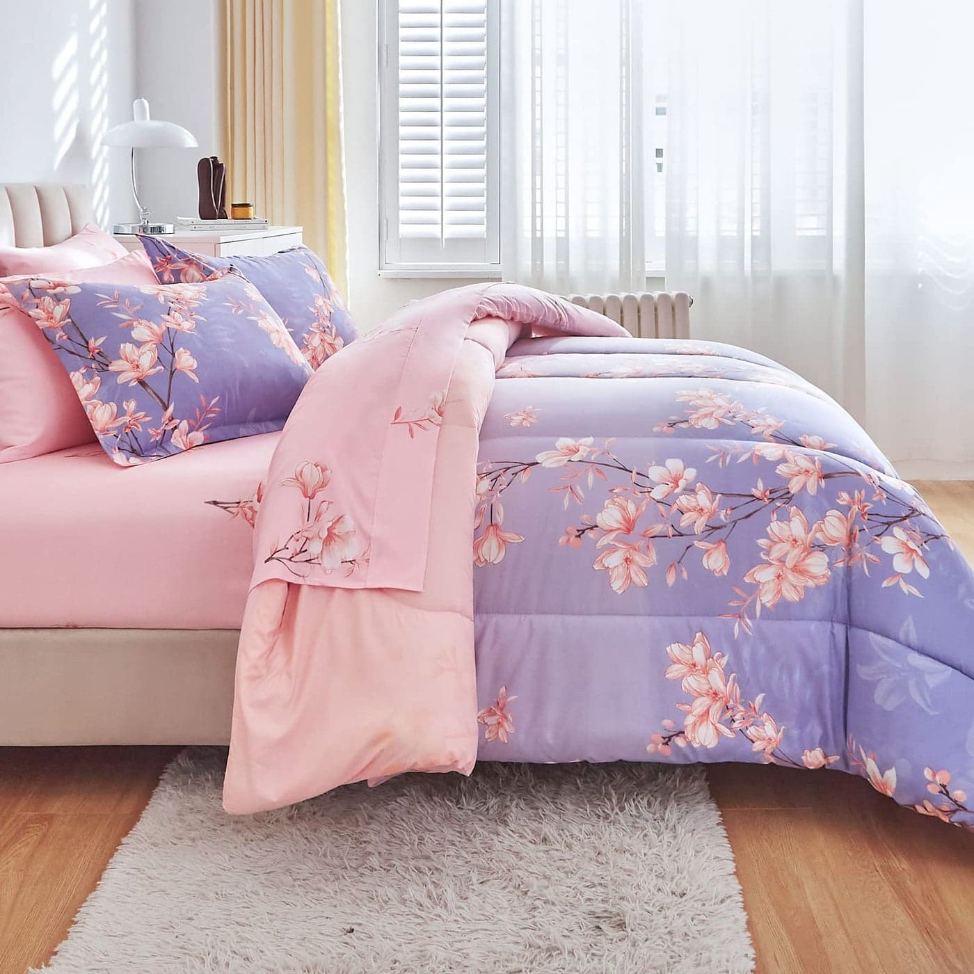 AIKASY Pink and Light Purple King Comforter Set with SheetsBed in a Bag 7PiecesBranches and Flowers Printing DesignUltra Soft Down Alternative All Season Bedding SetKingBlossom Stem