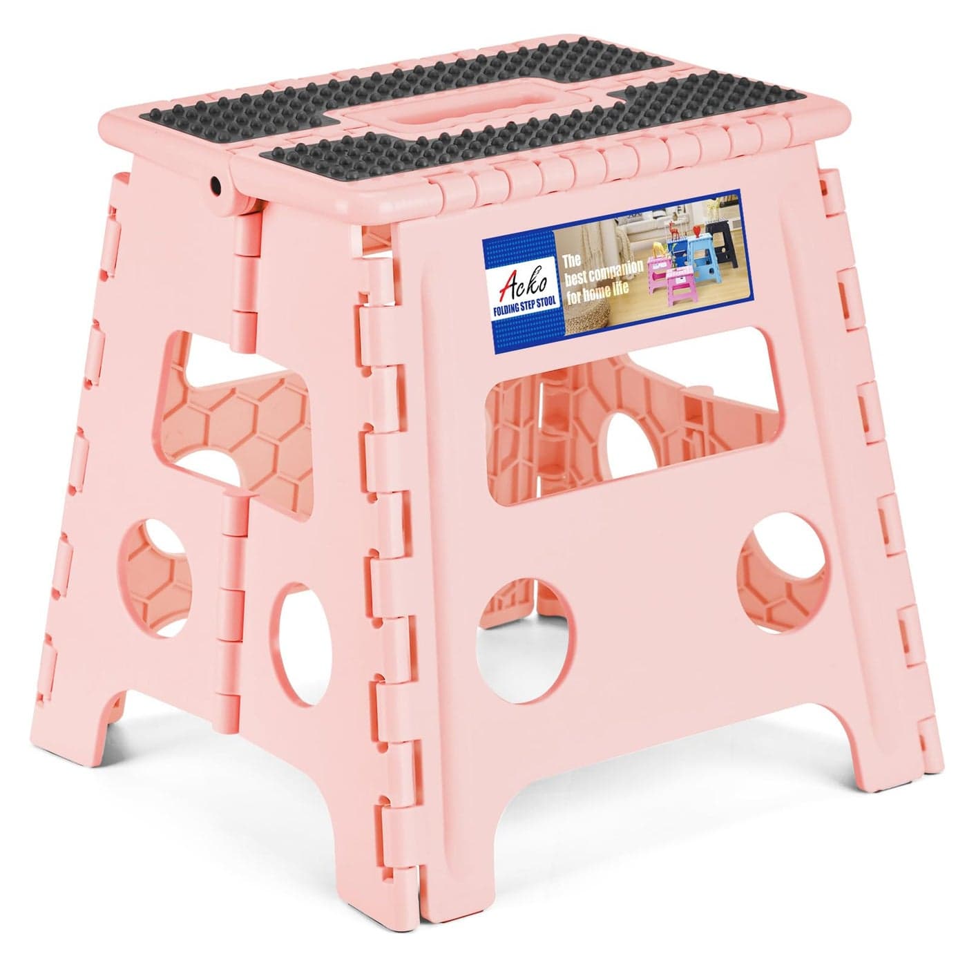 ACKO Folding Step Stool 13 inch Height Premium Heavy Duty Foldable Step Stools for Adults and Kids Kitchen Plastic Small Collapsible Stepping Stool Hold Up to 300 LB Dot Pink 1 Pack