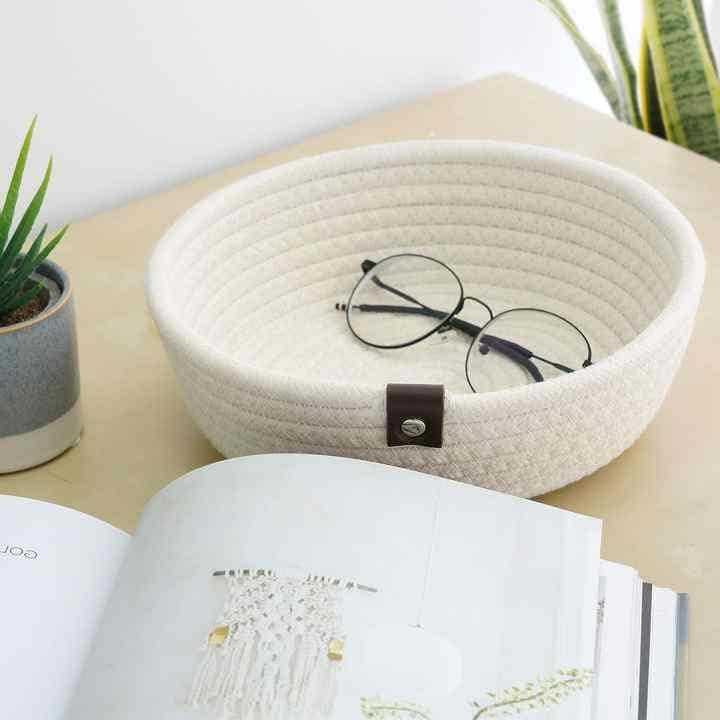 BOBBINY Handwoven Natural Jute and Cotton Storage Baskets Home Kitchen and Office Organization Medium 94 X 31 White
