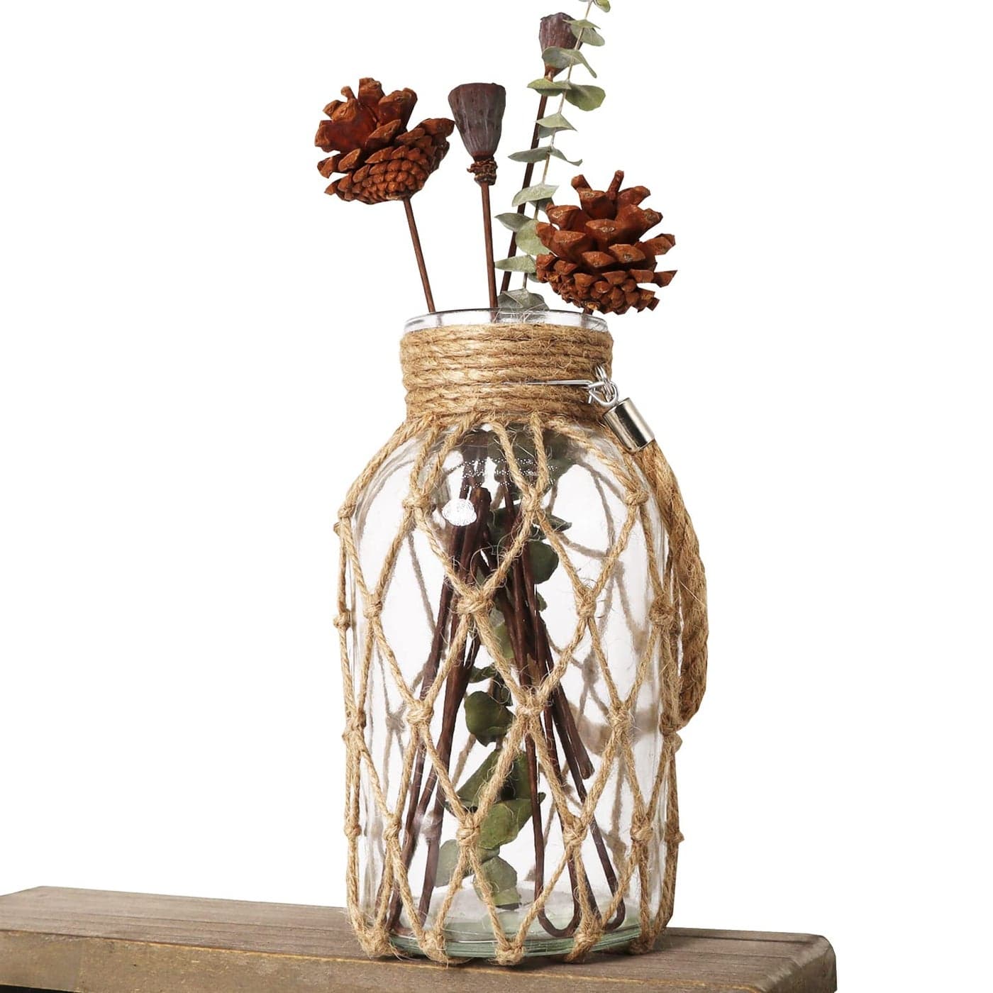 Funsoba Rustic Hanging Mason Jar Creative Rope Net Dry Flower Glass Vase with Handle 1 Vase 8