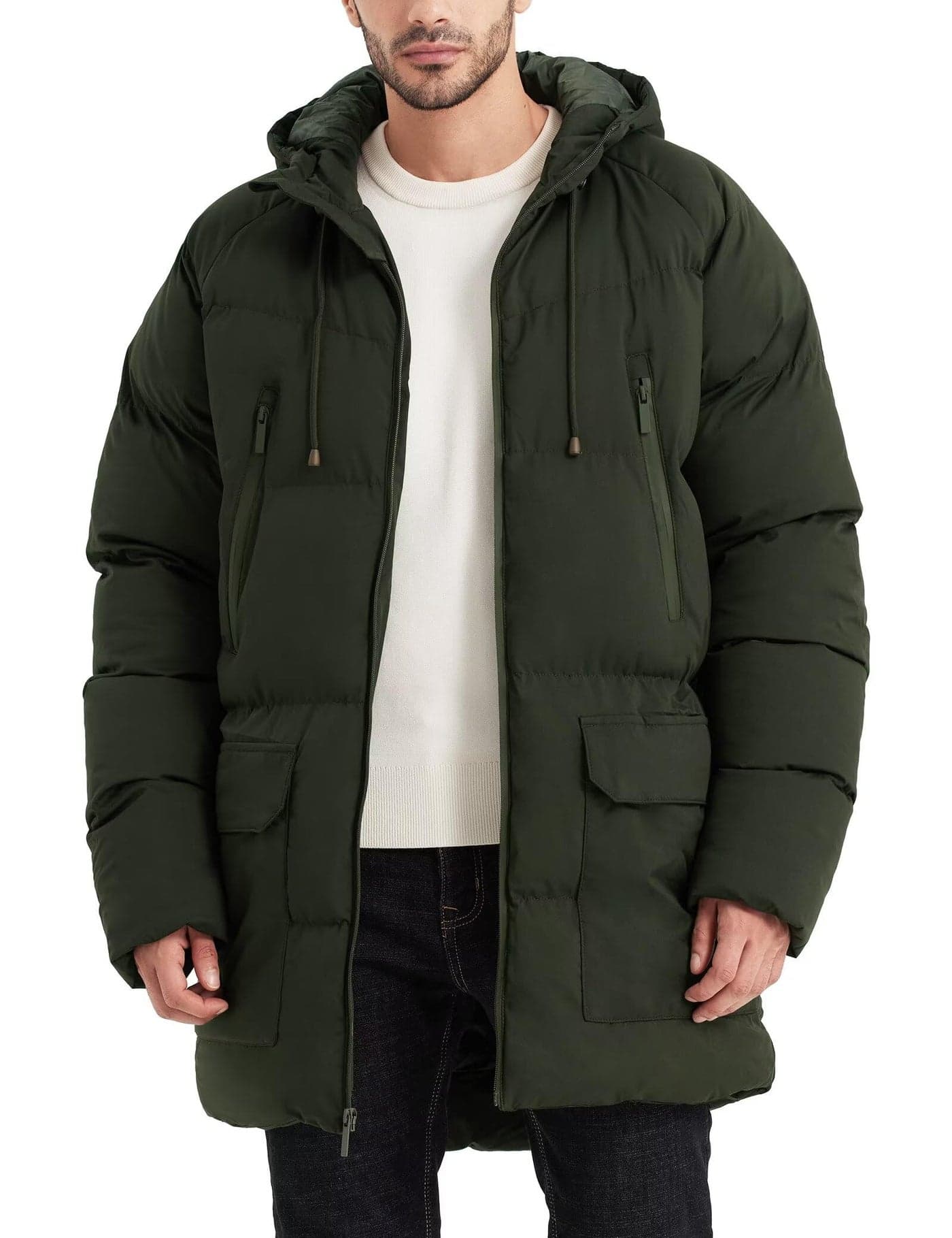 Rejork Mens Long Winter Coat Hooded Warm Quilted Jacket Waterresistant Cold Weather Parka Army Green 2XL