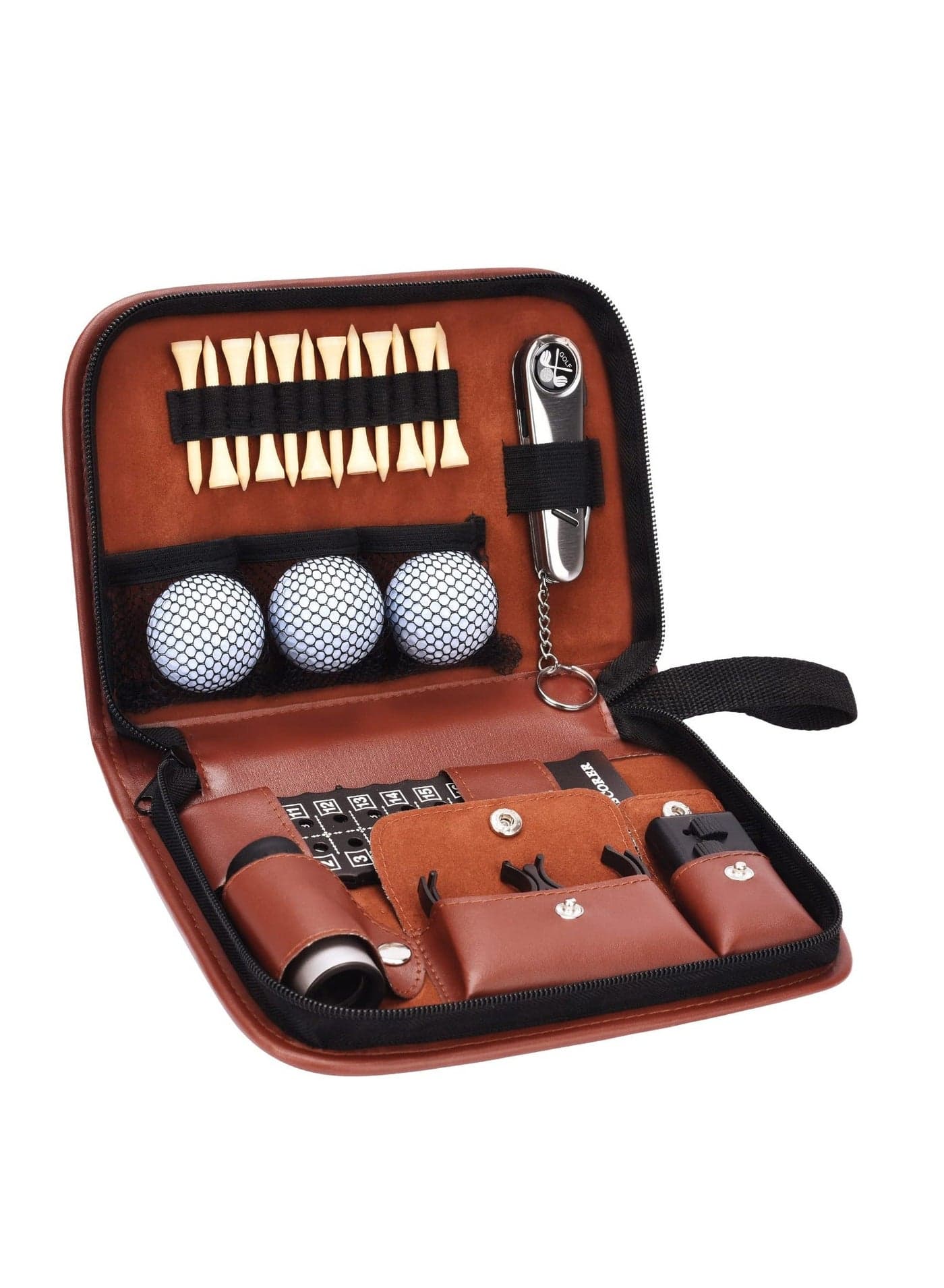 Golf Bag Accessories Set - Includes Hi-End Leather Case, Balls, Rangefinder, Tees, Brush, Divot Knife, Scorer, and Ball Clamp,Golf Gifts for Men Women
