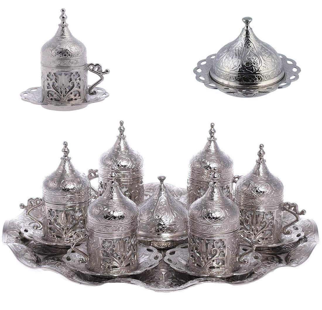 Alisveristime 6-Piece Set Turkish Espresso Coffee Cups with Saucer, Lid, Traditional Ottoman Tulip Motif (Multiple Color Variations) (Lale) (Silver)