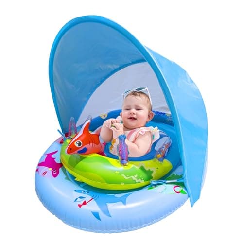 Inflatable Baby Pool Float with UPF50 Sun Protection Canopy Adjustable Safety Seat Interactive Toy Play Console Includes Ocean Animal Toys for Infants Toddlers 336 Months BlueGreen