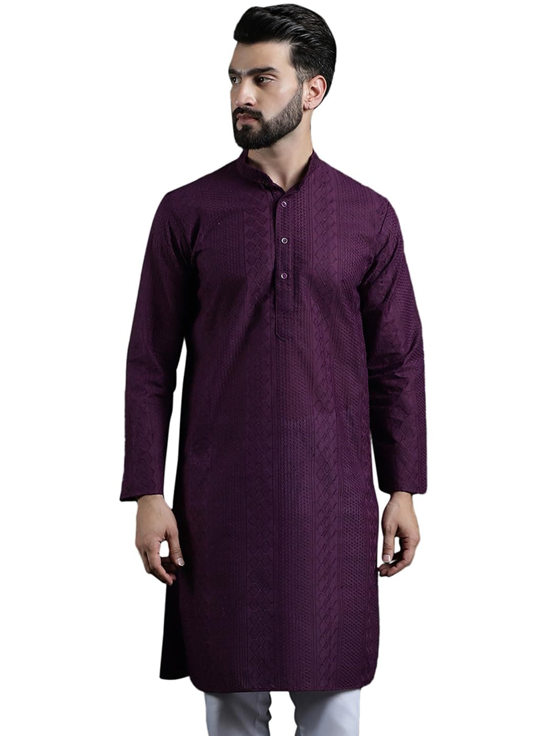 SOJANYA (Since 1958 Men's Cotton Thread Embroidered Wine Long Kurta
