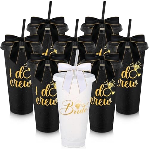 8 Pcs Bridesmaid Plastic Tumbler with Straw Lid and Twist Bow 24 oz I Do Crew and Bride Reusable Tumbler Bridal Party Proposal Gifts Bachelorette Party Gifts for Wedding Bridal BridesmaidsBlack
