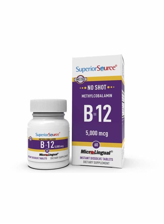 No Shot Methylcobalamin B-12 5000 mcg - Vitamin B-12 to Support Energy Production, Brain Health & Overall Wellness - Sublingual Tablets for Fast Absorption - 60 Dissolving Tablets