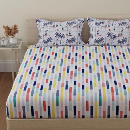 Huesland by Ahmedabad Cotton 144 TC Double Bedsheet Cotton with 2 Pillow Covers | White, Blue, Yellow & Cyan