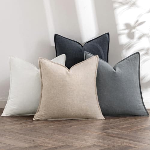 MIULEE Neutral Cream/Gray Linen Pillow Covers Pack of 4 Decorative Nautral Solid Throw Pillow Covers Soft Accent Boho Farmhouse Couch Pillowcases Modern Home Decors for Living Room Bed Sofa 20x20 Inch