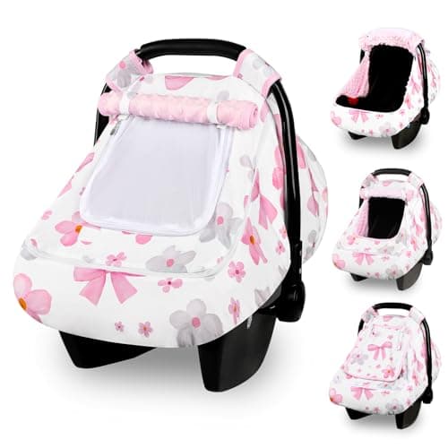Hooyax Baby Car Seat Cover with Dual Zipper, Extra Large Mesh Window Carseat Canopy, All-Season Weather Protection for Infant Car Seats & Strollers (Pink Bow)
