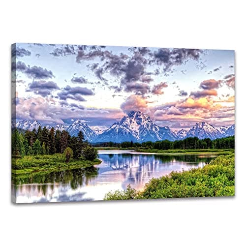 SKASNFAI Mountain Wall Decor Canvas Painting Grand Teton Wall Art Oxbow Bend National Park Landscape Poster Artwork Framed Pictures for Living Room Bedroom (16x24 inch)