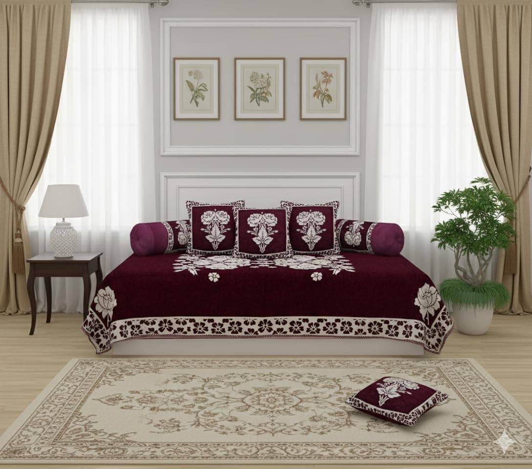 FRESH FROM LOOM Reversable Diwan Set (You can Used This from Both Side), Lattest Design, 500 TC, Velvet Chenille Fabric, Diwan Set - 8pc (Wine)