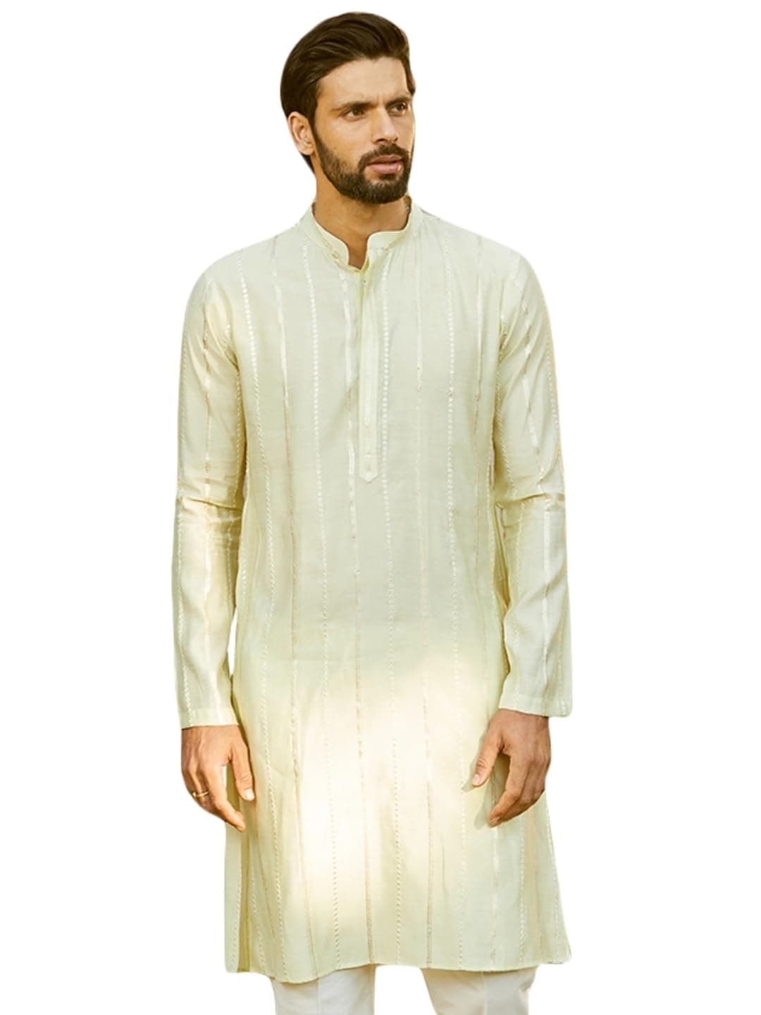 See Designs Men Full Sleeve Off White and Gold Chanderi Silk Sequins Mandarin Collar Side Slit Kurta - SDKT2436S