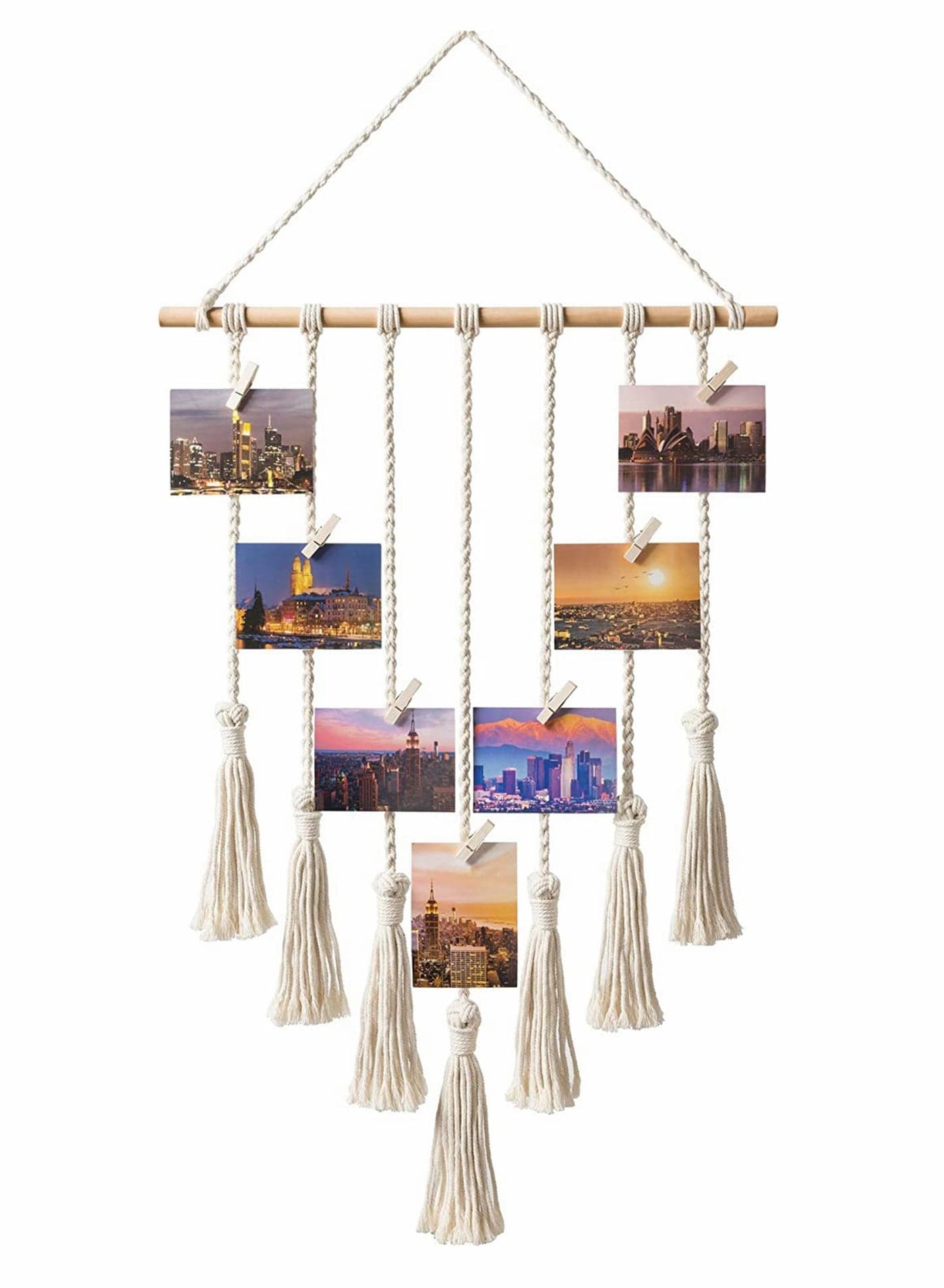 Macrame Wall Hanging Photo Card Display With Wood Clips Pictures Organizer Bohemian Handmade Woven Tapestry Home Decor, 27"L x 17''W