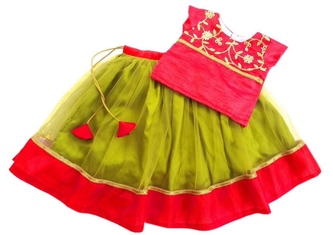 Stanwells Kids Girls Pea Green & Red Lehenga Choli Set | Net Embroidered Ethnic Dress | Traditional South Indian Pattu Pavadai (3–4 Years)