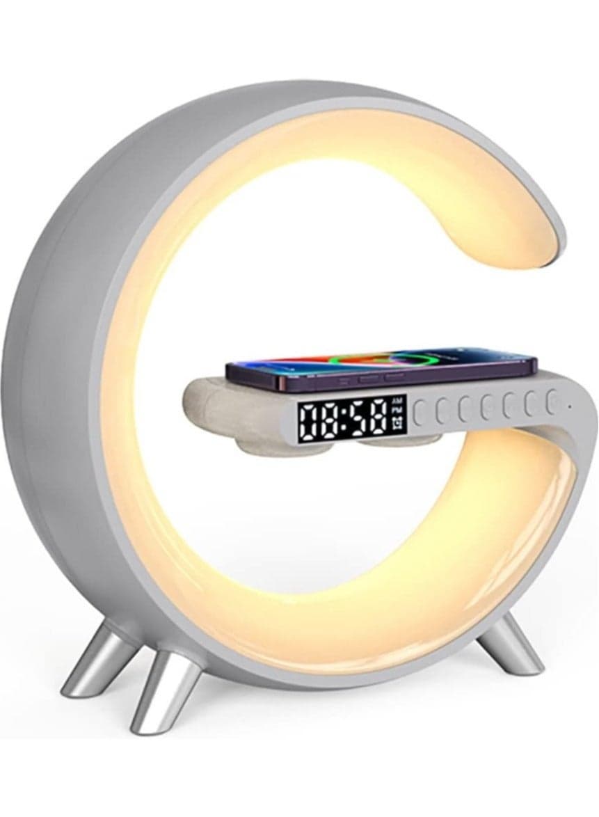Table Lamp Desk Night Light with 15W Quick Wireless Charger and Bluetooth Speaker, Desk Lamp with Alarm Clock and 256 RGB Light Modes Bedroom Lamp As Sleep Aid White Noise Machine