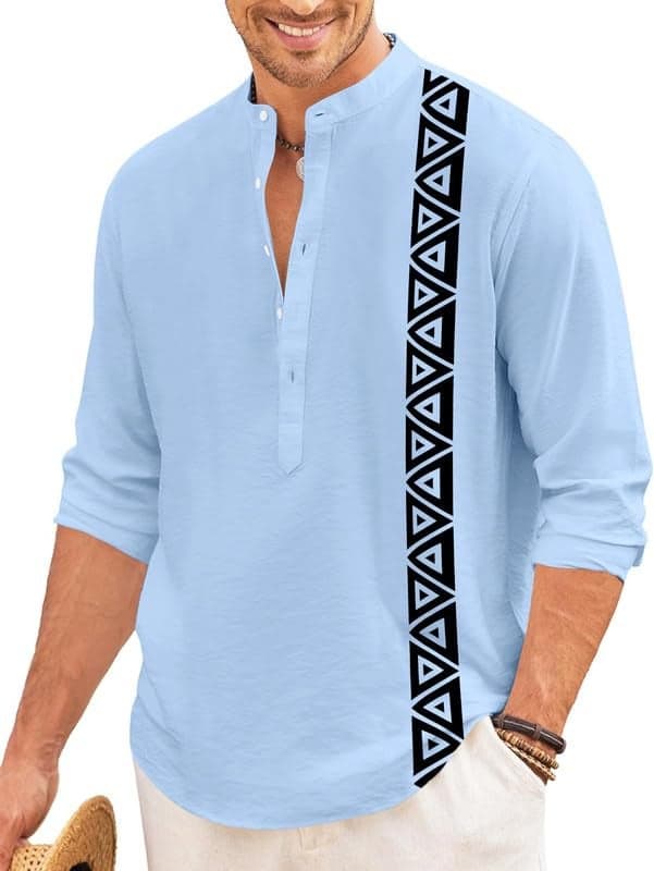 FINIVO FASHION Men’s Short Kurta with Printed Geometric Side Panel | Cotton Blend Full Sleeve Ethnic Topwear with Mandarin Collar | Stylish Indo-Fusion Kurta for Daily, Festive, or Casual Wear Sky