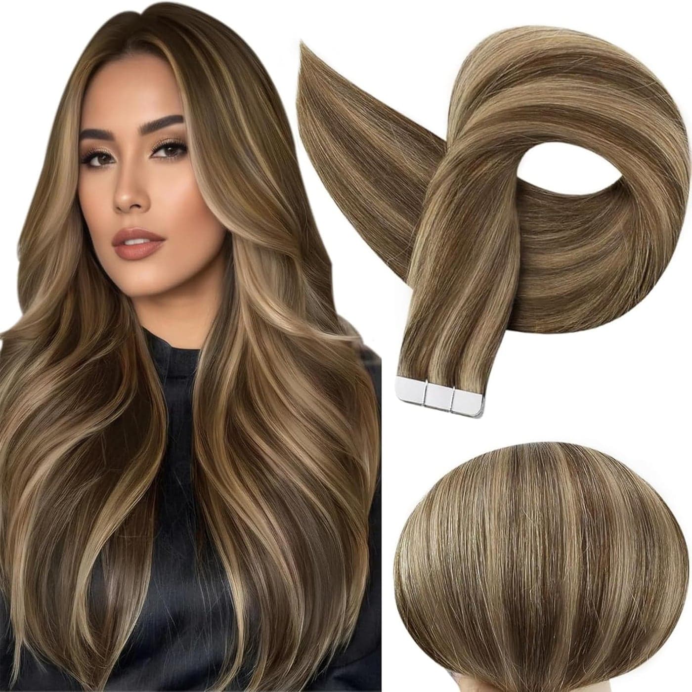Full Shine Tape in Hair Extensions Human Hair 16 Inch Color 4 Brown Highlighted 27 Blonde Invisible Skin Weft Tape in Extensions Adhesive Hair Extensions Tape in 50 Gram 20Pcs PU Tape in Hair
