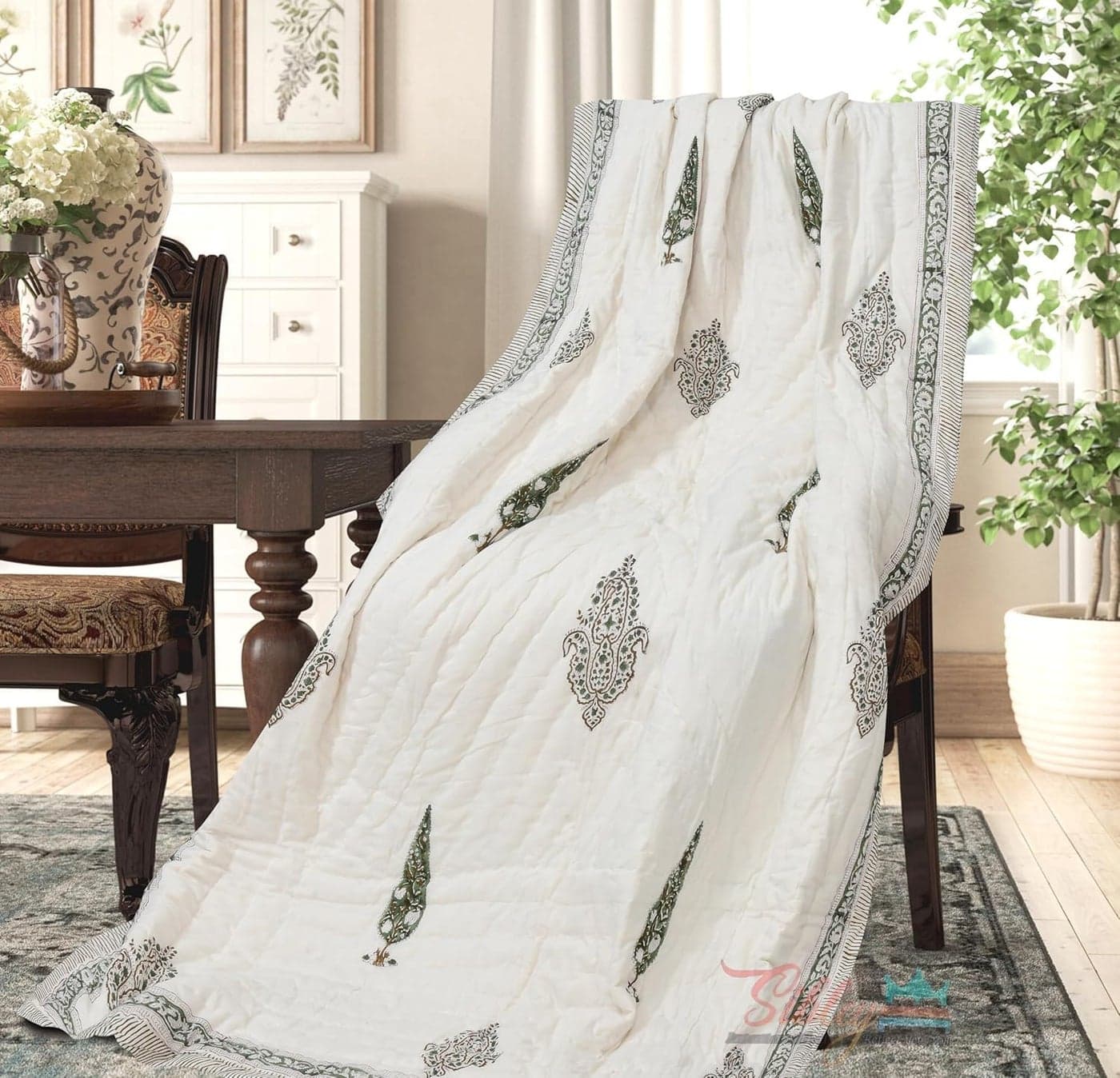 LOARSHY Organic Pure Cotton 350 TC Reversible Mulmul Hand Block Quilt Jaipuri Razai Single Bed Lotos Green 60X90 INCHES