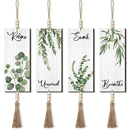 Qunclay 4 Pieces Boho Wall Decor for Bathroom 12 x 5 Inch Relax Soak Unwind Breathe Bathroom Sign with Beads Leaf Print Minimalist Botanical Wall Art Farmhouse Wooden Hanging ArtGreenPlant