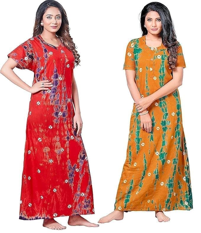 NILOUFO Women’s Cotton Printed Maxi Nighty – Pack of 2 Soft Ankle-Length Night Dresses | Free Size Sleepwear Gowns for Women (Red-Mustterd, Free Size)