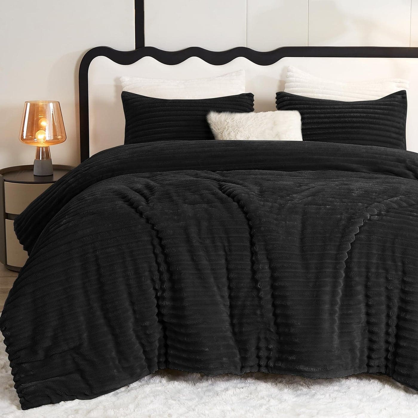 CozyLux Fluffy Queen Comforter Set Super Soft Faux Fur Black Comforter Queen Size Winter Warm Fleece Bedding Set 3 Pieces Plush Fuzzy Bed Set 1 Shaggy Comforter 2 Pillowcases
