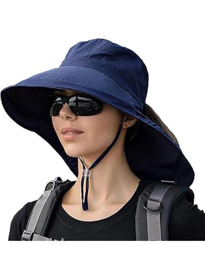 Women Sun Hats, Wide Brim Sun Hat, Foldable Ponytail Hole Beach Hats, with Neck Cover, Stay Cool, for Fishing, Hiking, Camping, Hunting, Golf, Gardening, Navy Blue