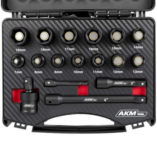 AKM TOOL 17PCS 3/8 Inch Drive Magnetic Impact Socket Set, Metric, 7mm-19mm, 6 Point, Cr-Mo, Square Drive, Magnetic Socket with Universal Joint, Drill Bit Adapter & Extension