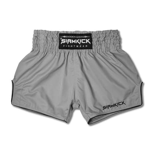 SIAMKICK Elite Muay Thai Shorts for Men Women Boxing Kickboxing High Grade MMA Fight Clothing Training Workout Trunks (M, Core Grey)