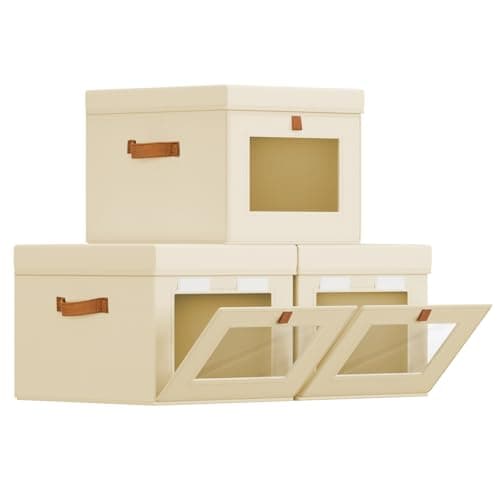 Homsorout Storage Bins with Lid – Closet Organizer with Side Opening and Clear Window, Foldable Stackable Fabric Basket for Clothes Storage, Bedroom, Nursery, Office, 3 Pack, Beige