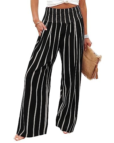 Angerella Womens High Waisted Palazzo Pants Casual Loose Wide Leg Black Stripe Long Trousers with Pockets S
