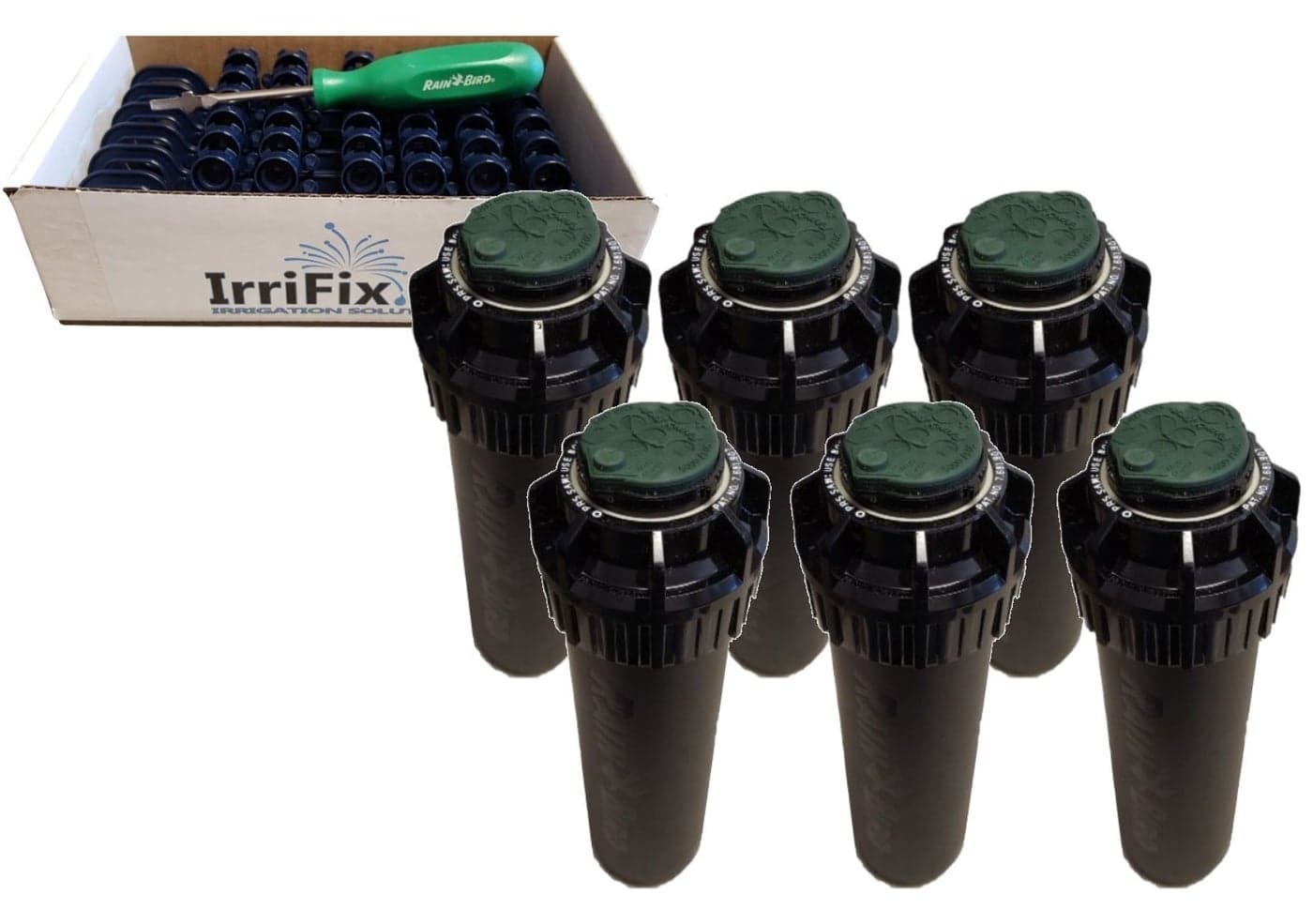 Rain Bird 5000 Plus Series Pressure Regulator SealAMatic Sprinkler Heads Bundle 6 Pack 5004PCSR SAM Rotors with IrriFix Nozzle Box Including 6 Nozzle Trees and 1 Rotortool Screwdriver