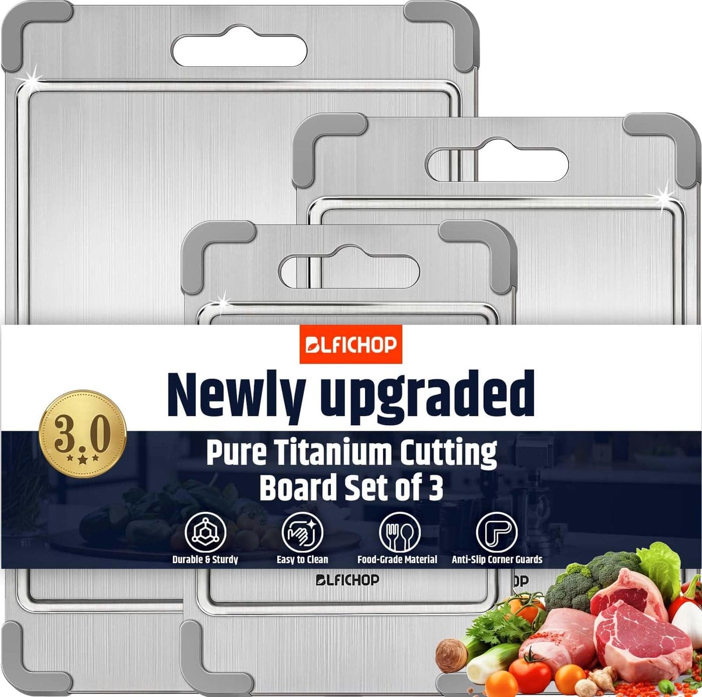 BLFICHOP 3PCS Titanium Cutting Boards for Kitchen- Food Grade Double Sided Chopping Board with Juice Groove, Removable Anti-Slip Corners, Dishwasher Safe for Meat/Fruits/Vegetables, Grey