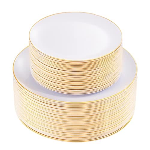 KIRE 100PCS Disposable Plates White with Gold Rim for PartyWeddingGraduation Includes 50Pieces 1025inch Dinner and 50Pieces 75inch DessertSalad Plates
